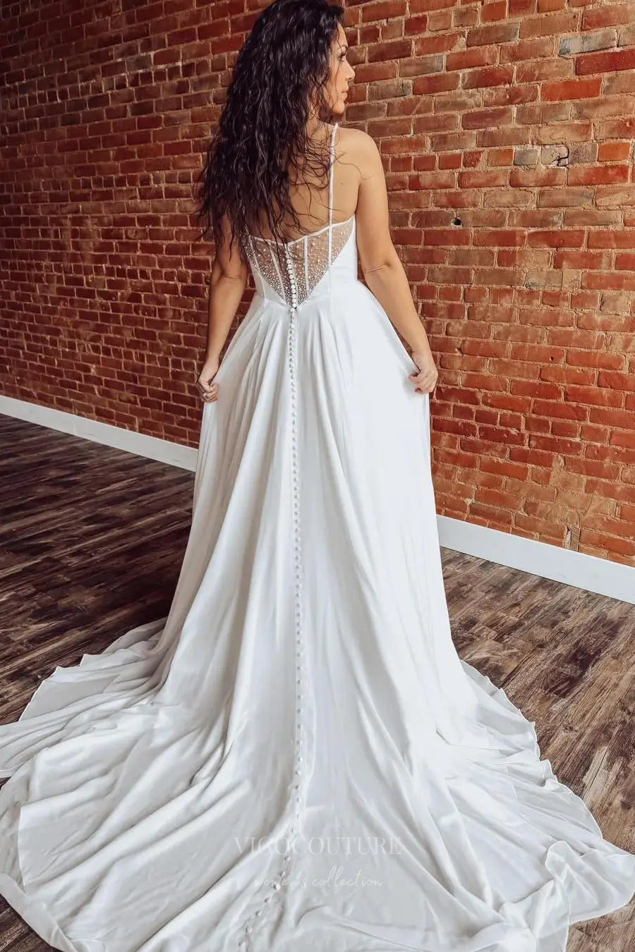 Wedding Dresses 2025 to impress Ivory Chiffon A-Line Wedding Dress with Pearl Beaded Corset Bodice, Removable Sheer Sleeves, Slit & Pockets – W2315-vigocouture-vigocouture