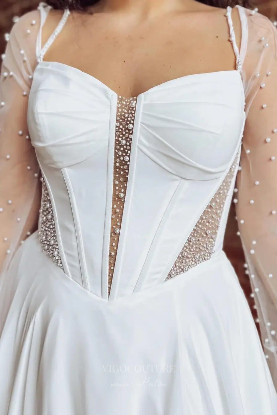 Wedding Dresses 2025 to impress Ivory Chiffon A-Line Wedding Dress with Pearl Beaded Corset Bodice, Removable Sheer Sleeves, Slit & Pockets – W2315-vigocouture-vigocouture