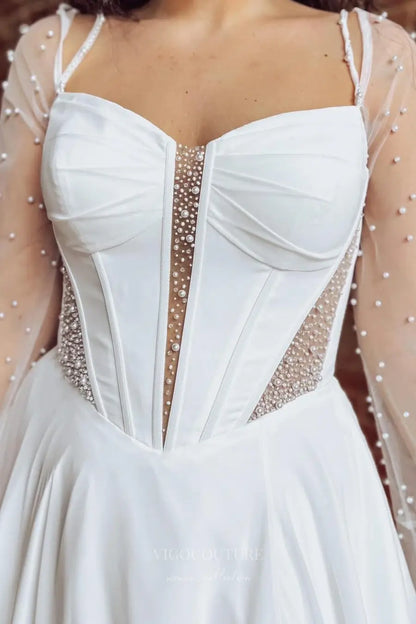 Wedding Dresses 2025 to impress Ivory Chiffon A-Line Wedding Dress with Pearl Beaded Corset Bodice, Removable Sheer Sleeves, Slit & Pockets – W2315-vigocouture-vigocouture
