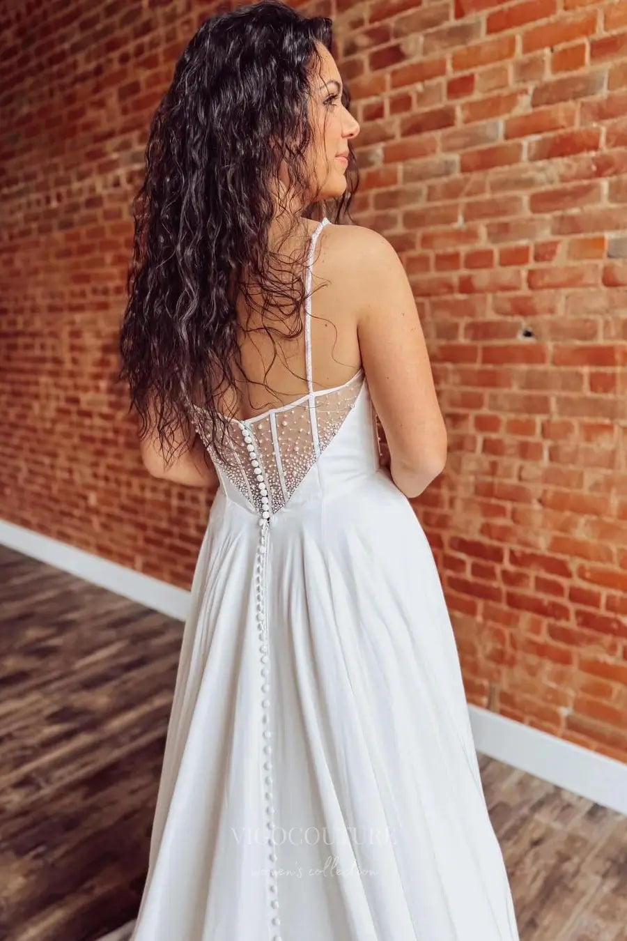 Wedding Dresses 2025 to impress Ivory Chiffon A-Line Wedding Dress with Pearl Beaded Corset Bodice, Removable Sheer Sleeves, Slit & Pockets – W2315-vigocouture-vigocouture