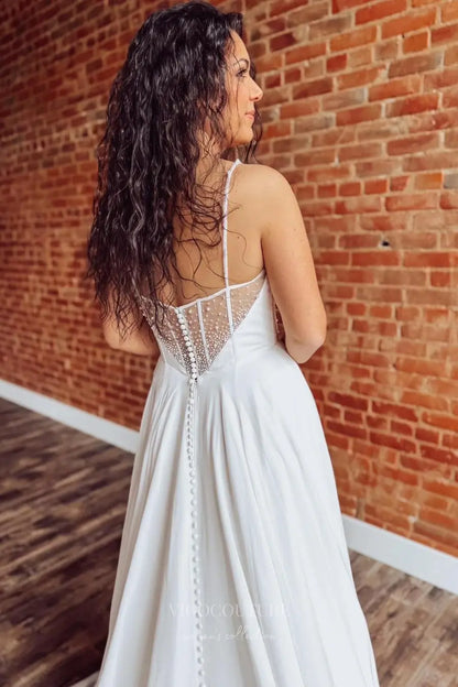 Wedding Dresses 2025 to impress Ivory Chiffon A-Line Wedding Dress with Pearl Beaded Corset Bodice, Removable Sheer Sleeves, Slit & Pockets – W2315-vigocouture-vigocouture