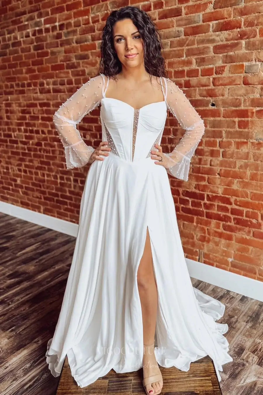 Ivory Chiffon A-Line Wedding Dress with Pearl Beaded Corset Bodice, Removable Sheer Sleeves, Slit & Pockets – W2315