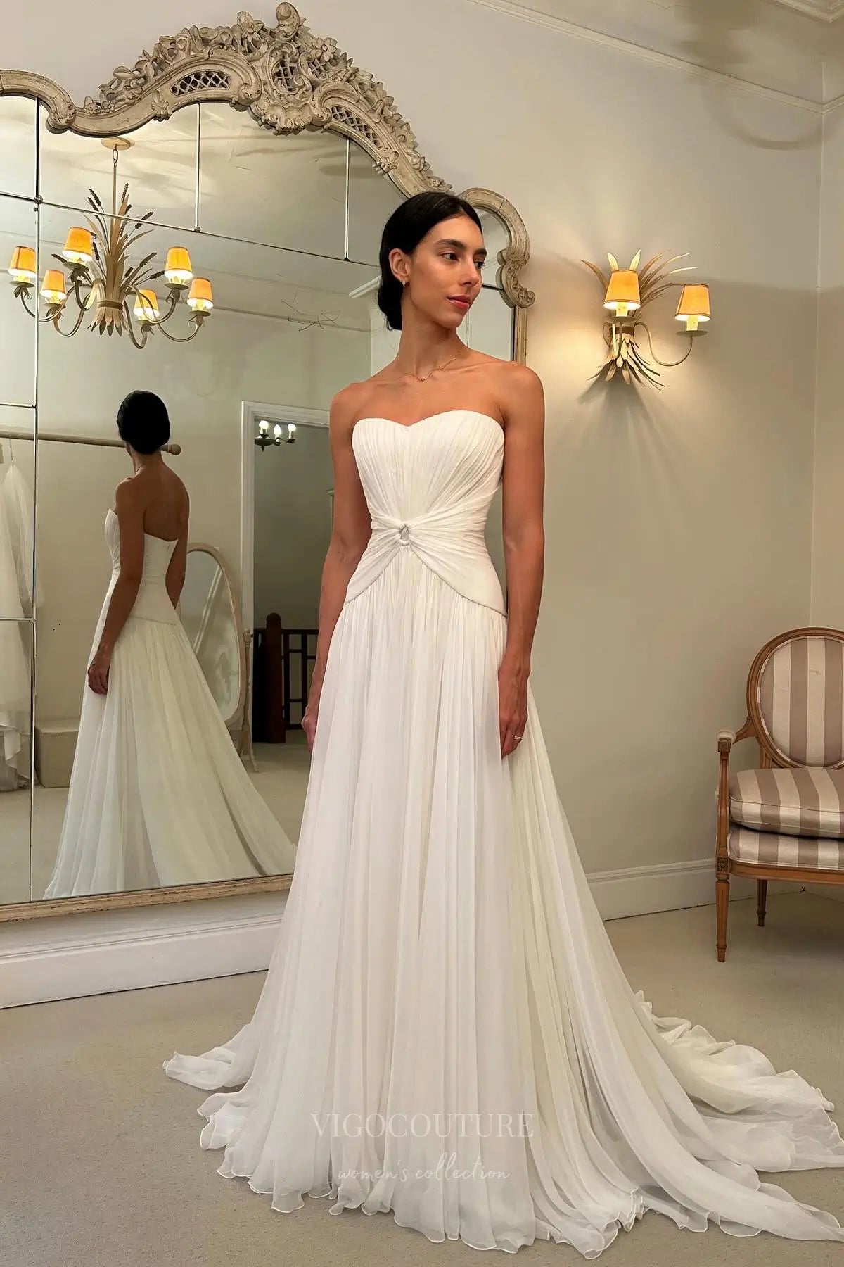 Ivory Chiffon Strapless Wedding Dress with Sweetheart Neckline, Ruched Bodice & Chapel Train – W2328