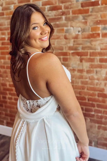 Wedding Dresses 2025 to impress Ivory Crepe A-Line Wedding Dress with Lace Slit, Spaghetti Straps, and Pockets – W2320-vigocouture-vigocouture