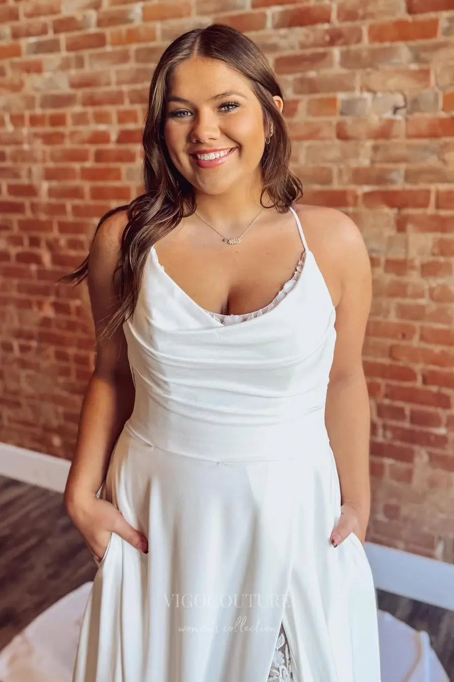 Wedding Dresses 2025 to impress Ivory Crepe A-Line Wedding Dress with Lace Slit, Spaghetti Straps, and Pockets – W2320-vigocouture-vigocouture