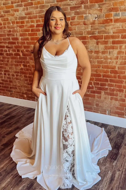 Ivory Crepe A-Line Wedding Dress with Lace Slit, Spaghetti Straps, and Pockets – W2320