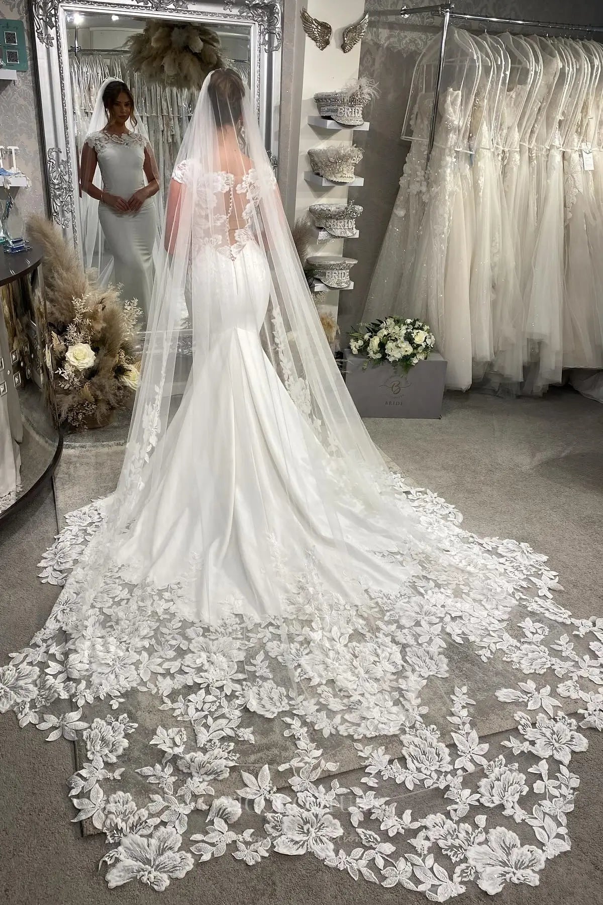 Wedding Dresses 2025 to impress Ivory Crepe Mermaid Wedding Dress with Cap Sleeves, Illusion Lace Back, and Cathedral Train – W2285-vigocouture-vigocouture
