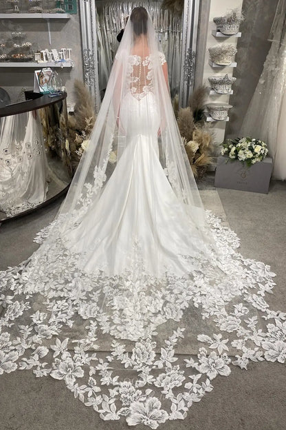 Wedding Dresses 2025 to impress Ivory Crepe Mermaid Wedding Dress with Cap Sleeves, Illusion Lace Back, and Cathedral Train – W2285-vigocouture-vigocouture