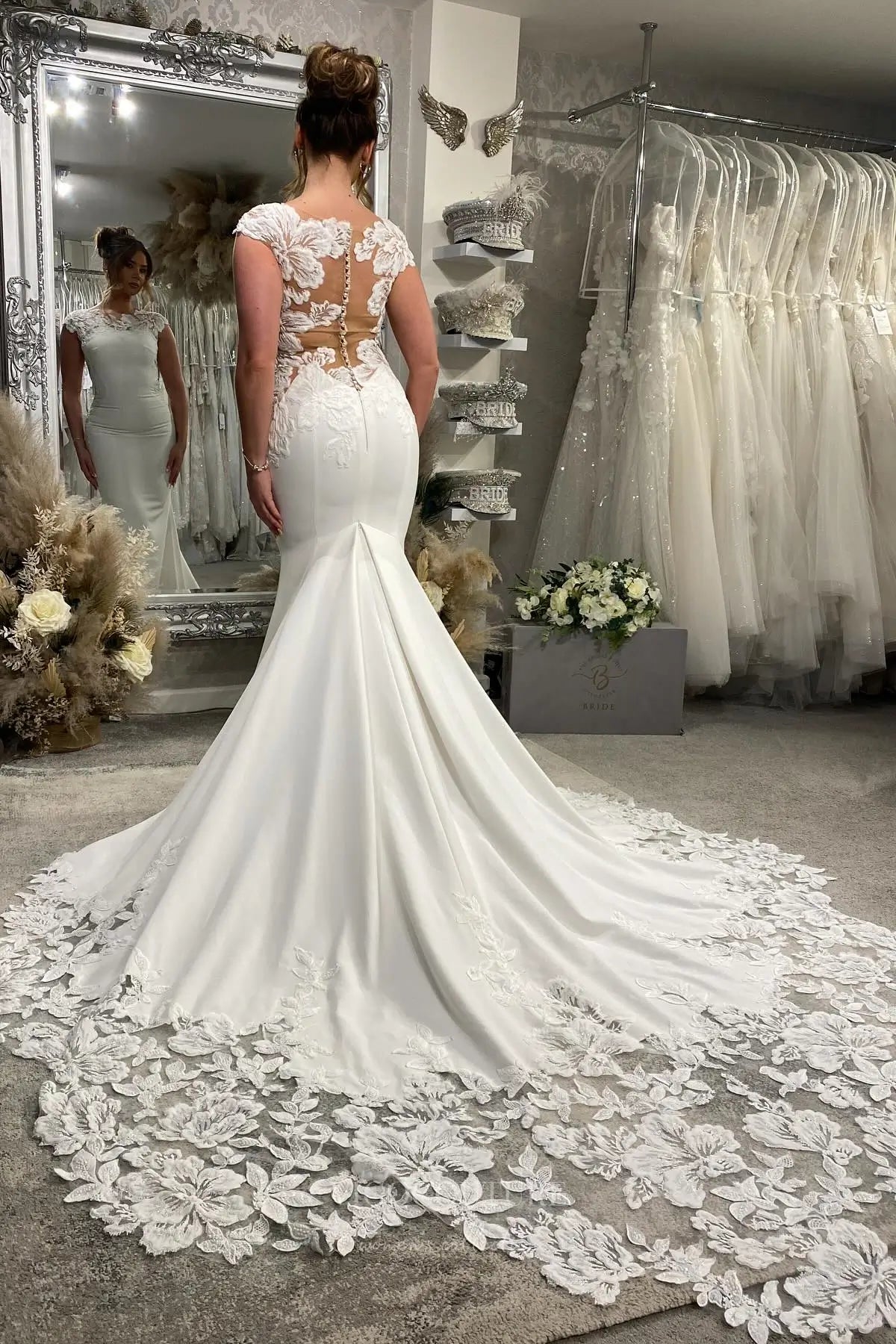 Wedding Dresses 2025 to impress Ivory Crepe Mermaid Wedding Dress with Cap Sleeves, Illusion Lace Back, and Cathedral Train – W2285-vigocouture-vigocouture