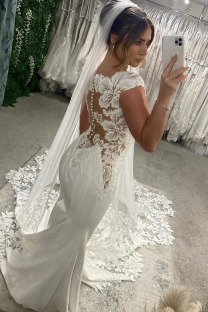 Wedding Dresses 2025 to impress Ivory Crepe Mermaid Wedding Dress with Cap Sleeves, Illusion Lace Back, and Cathedral Train – W2285-vigocouture-vigocouture