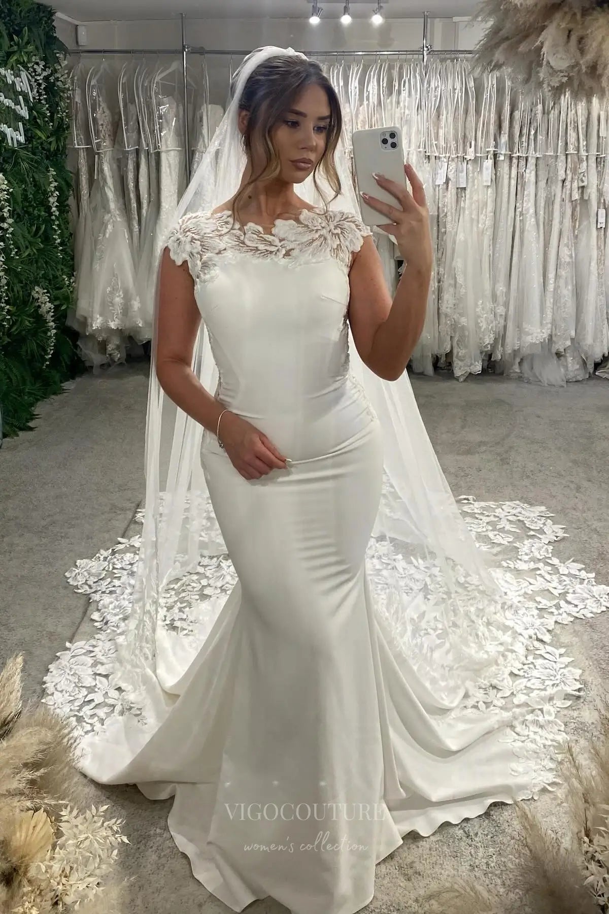 Ivory Crepe Mermaid Wedding Dress with Cap Sleeves, Illusion Lace Back, and Cathedral Train – W2285