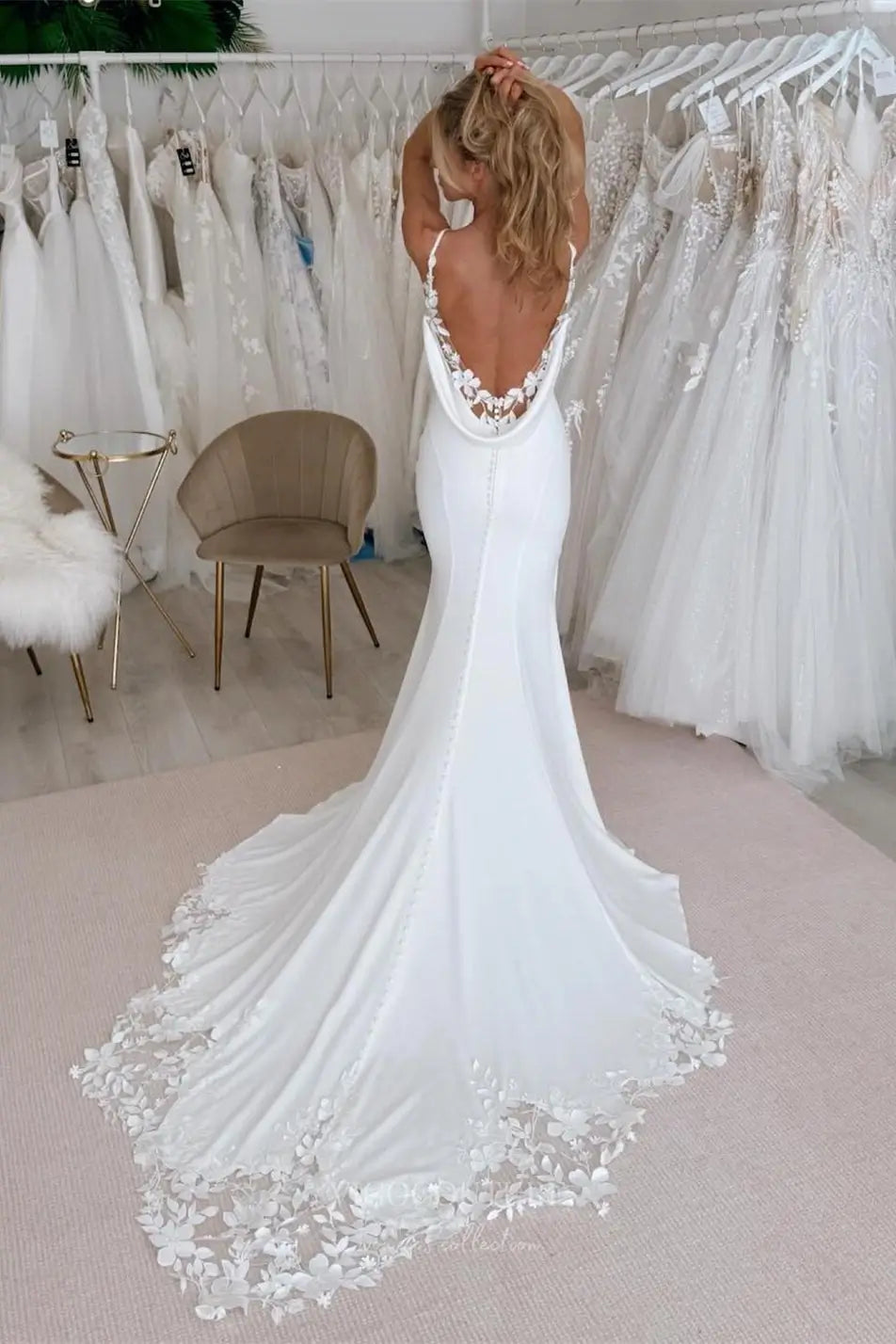 Wedding Dresses 2025 to impress Ivory Crepe Mermaid Wedding Dress with Cowl Back, Floral Lace Appliqués and Chapel Train – W2304-vigocouture-vigocouture