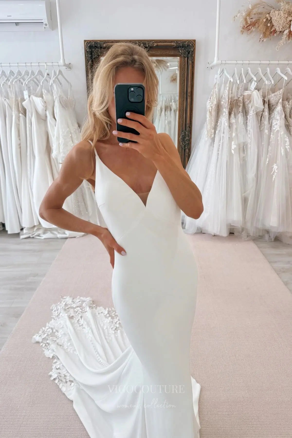 Wedding Dresses 2025 to impress Ivory Crepe Mermaid Wedding Dress with Cowl Back, Floral Lace Appliqués and Chapel Train – W2304-vigocouture-vigocouture