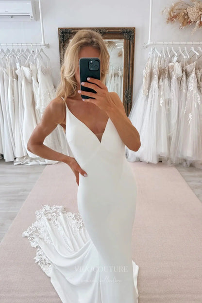 Wedding Dresses 2025 to impress Ivory Crepe Mermaid Wedding Dress with Cowl Back, Floral Lace Appliqués and Chapel Train – W2304-vigocouture-vigocouture