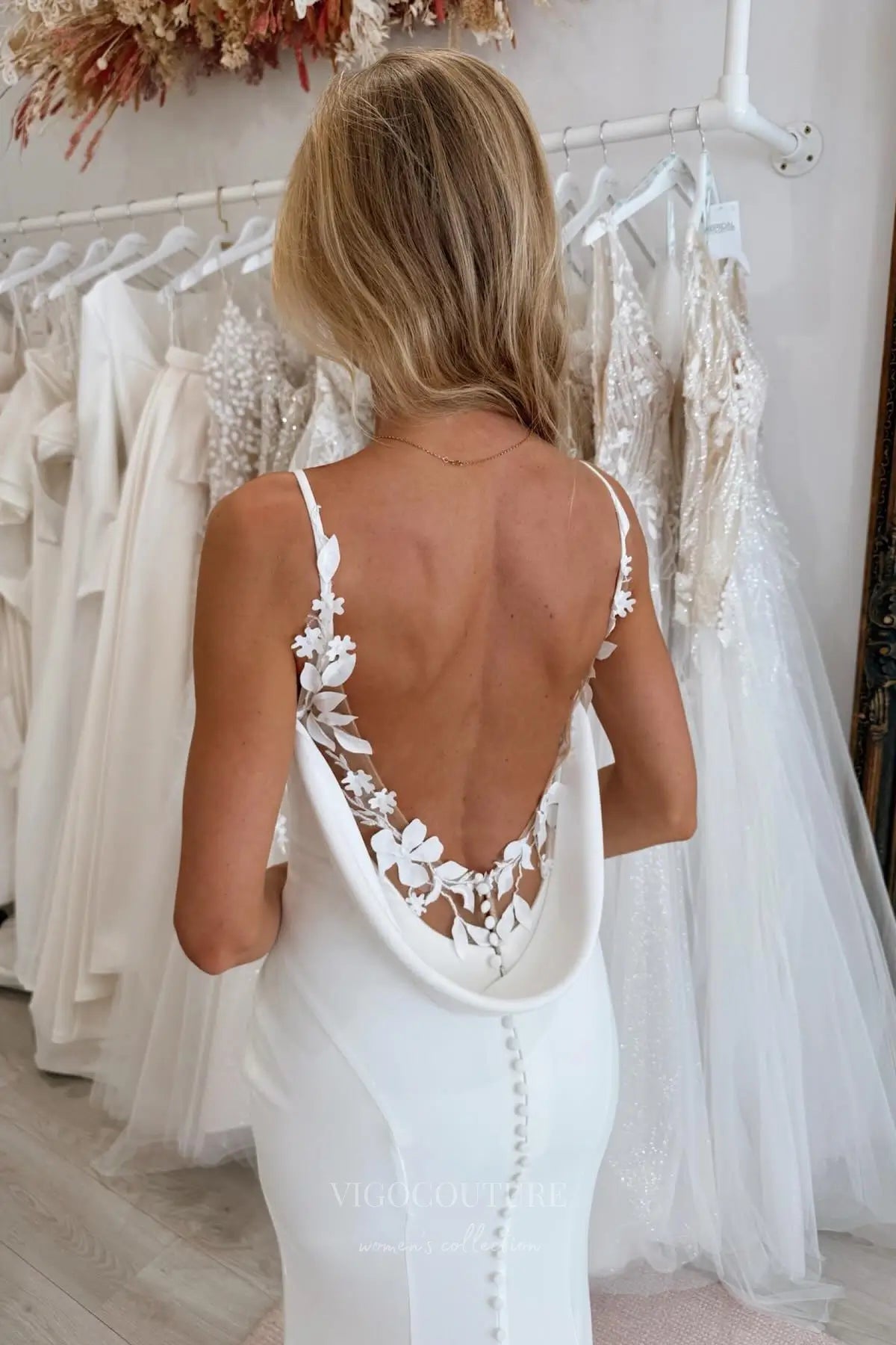 Wedding Dresses 2025 to impress Ivory Crepe Mermaid Wedding Dress with Cowl Back, Floral Lace Appliqués and Chapel Train – W2304-vigocouture-vigocouture