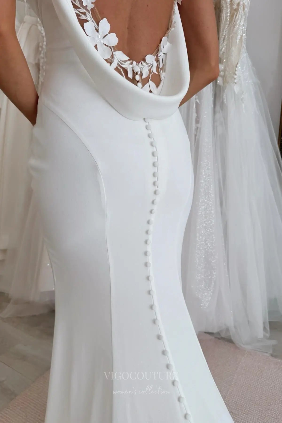 Wedding Dresses 2025 to impress Ivory Crepe Mermaid Wedding Dress with Cowl Back, Floral Lace Appliqués and Chapel Train – W2304-vigocouture-vigocouture