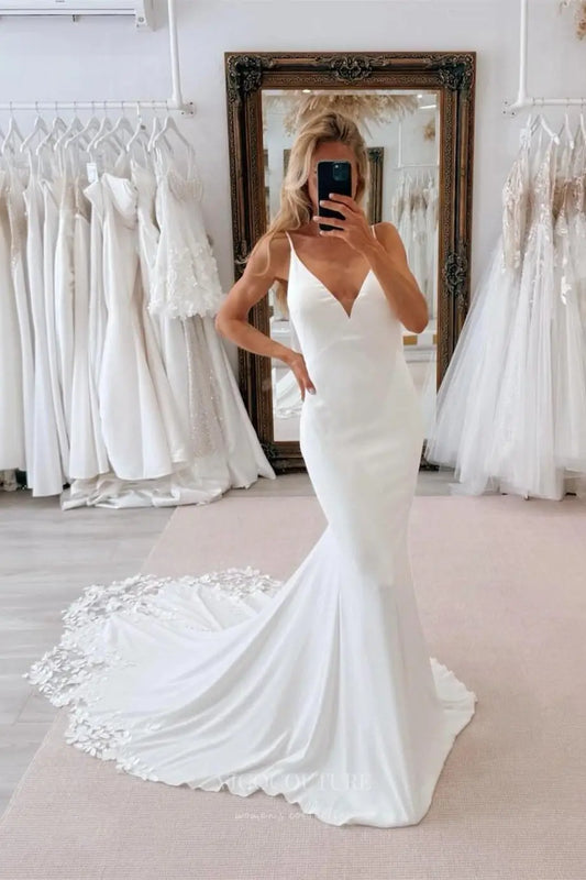 Ivory Crepe Mermaid Wedding Dress with Cowl Back, Floral Lace Appliqués and Chapel Train – W2304