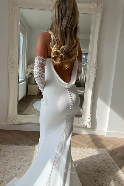 Wedding Dresses 2025 to impress Ivory Crepe Mermaid Wedding Dress with Cowl Neck, Draped Back, Lace Sleeves & Chapel Train – W2296-vigocouture-vigocouture