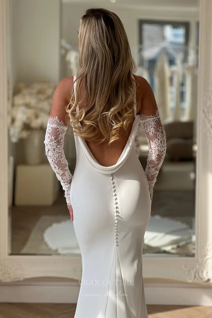 Wedding Dresses 2025 to impress Ivory Crepe Mermaid Wedding Dress with Cowl Neck, Draped Back, Lace Sleeves & Chapel Train – W2296-vigocouture-vigocouture