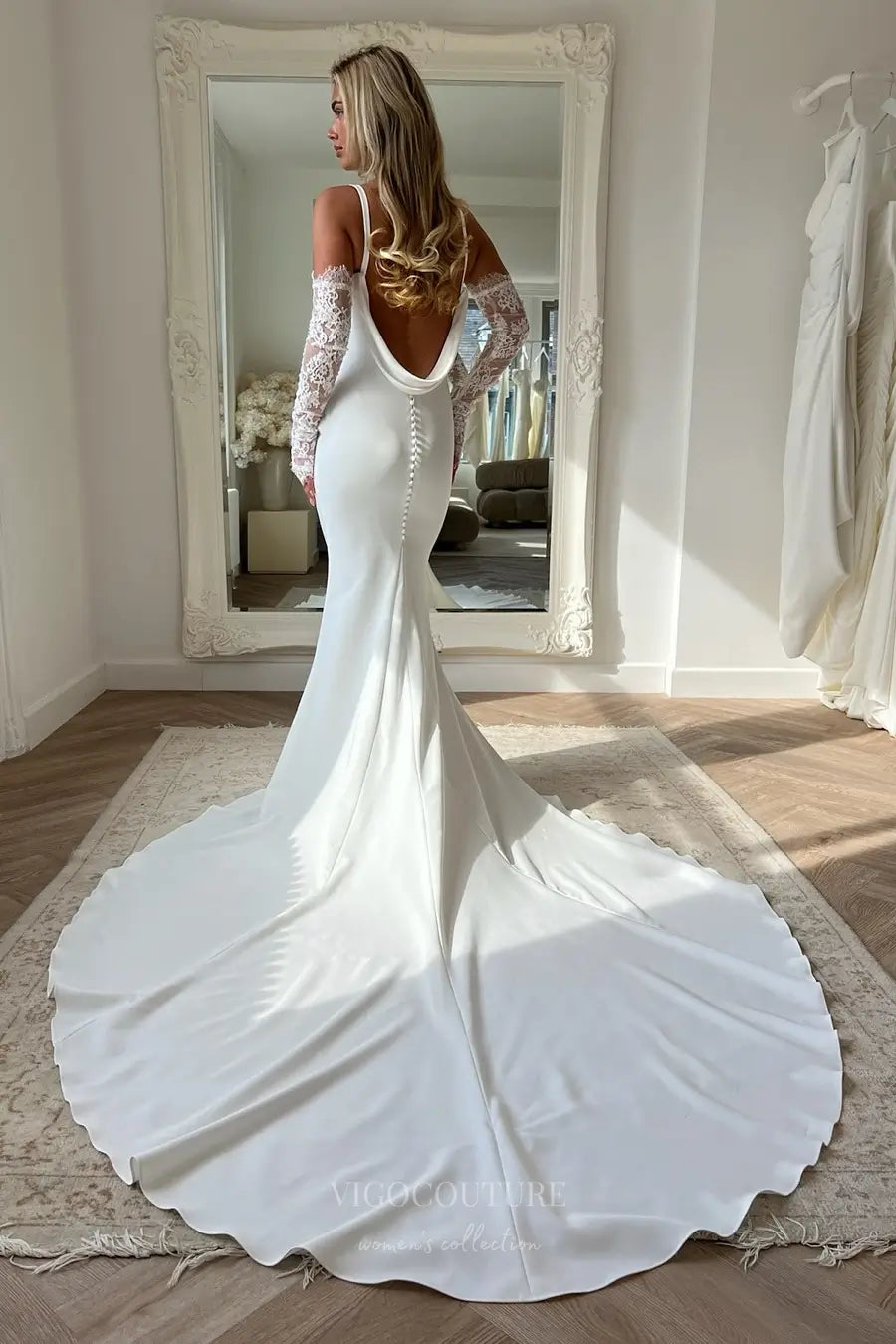 Ivory Crepe Mermaid Wedding Dress with Cowl Neck, Draped Back, Lace Sleeves & Chapel Train – W2296