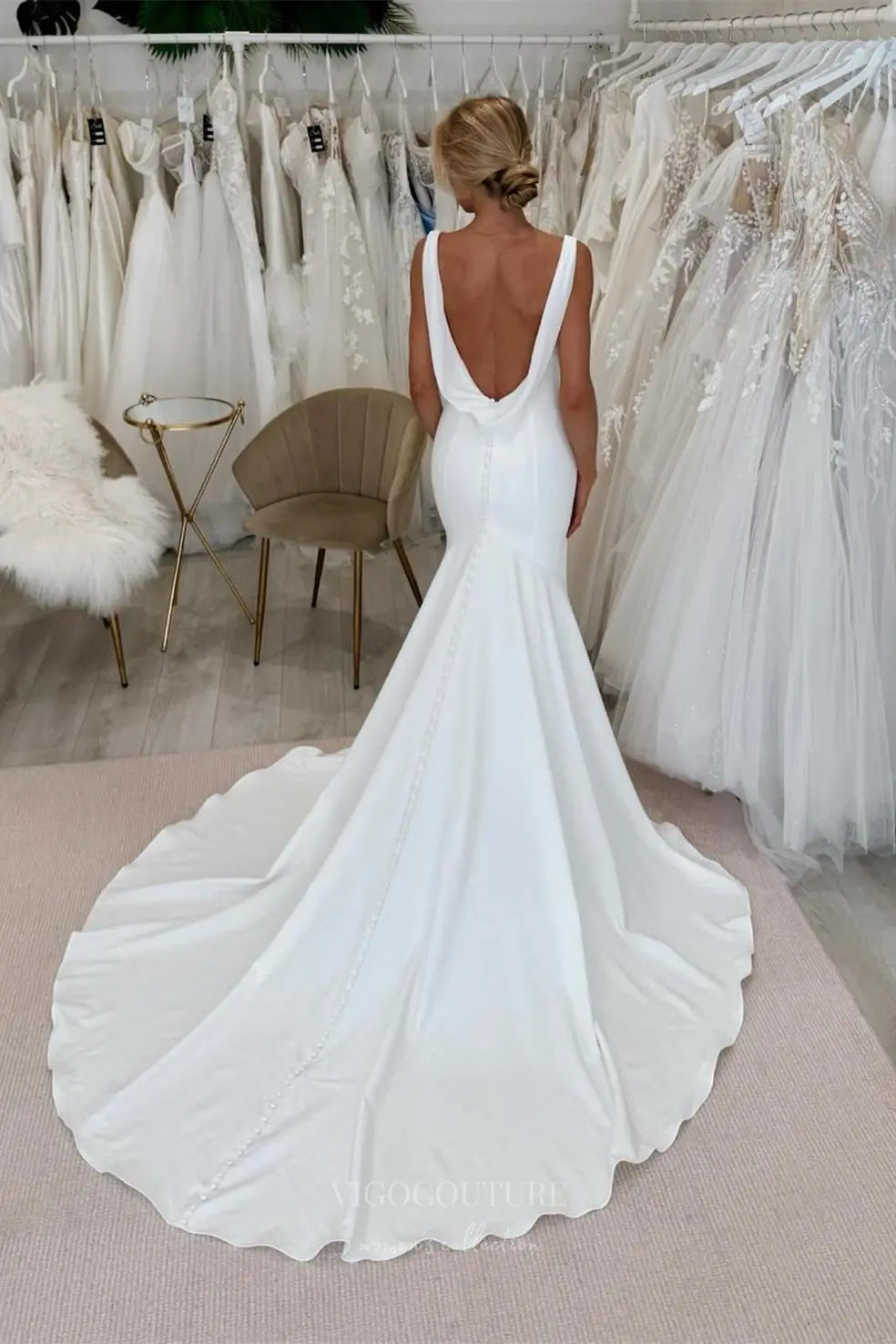 Wedding Dresses 2025 to impress Ivory Crepe Mermaid Wedding Dress with Draped Cowl Back, Thick Straps & Chapel Train – W2316-vigocouture-vigocouture