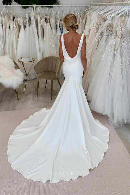 Wedding Dresses 2025 to impress Ivory Crepe Mermaid Wedding Dress with Draped Cowl Back, Thick Straps & Chapel Train – W2316-vigocouture-vigocouture