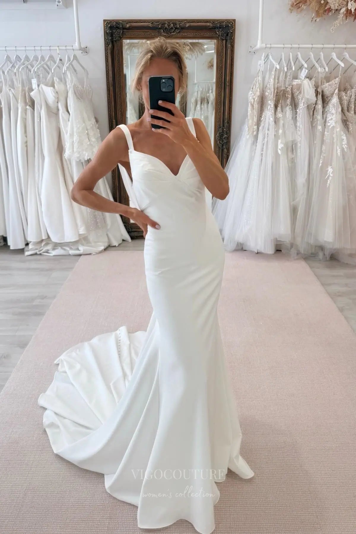 Ivory Crepe Mermaid Wedding Dress with Draped Cowl Back, Thick Straps & Chapel Train – W2316