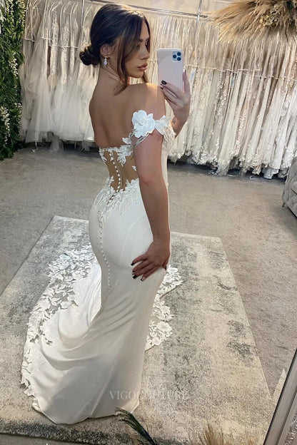 Wedding Dresses 2025 to impress Ivory Crepe Mermaid Wedding Dress with Off-Shoulder Floral Straps, Illusion Corset Back & Lace Chapel Train – W2280-vigocouture-vigocouture