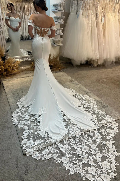 Wedding Dresses 2025 to impress Ivory Crepe Mermaid Wedding Dress with Off-Shoulder Floral Straps, Illusion Corset Back & Lace Chapel Train – W2280-vigocouture-vigocouture