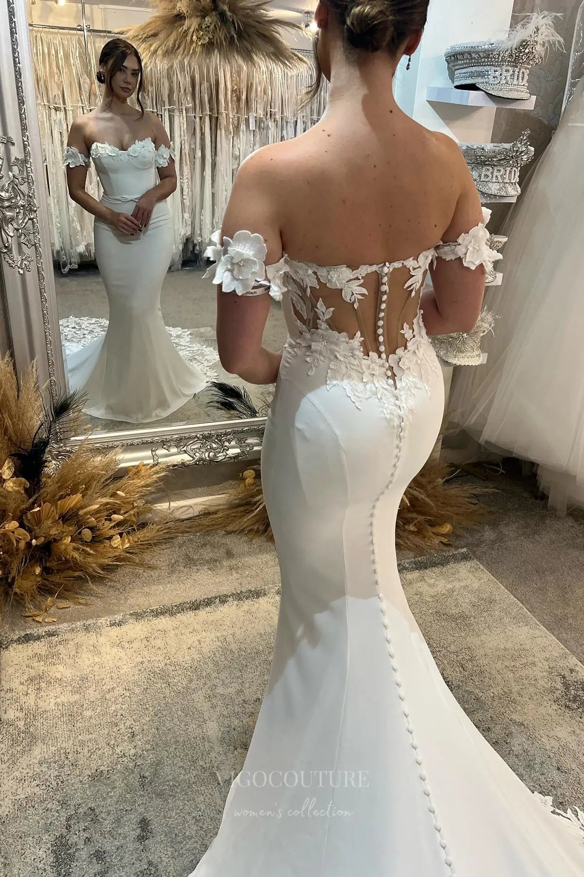 Wedding Dresses 2025 to impress Ivory Crepe Mermaid Wedding Dress with Off-Shoulder Floral Straps, Illusion Corset Back & Lace Chapel Train – W2280-vigocouture-vigocouture