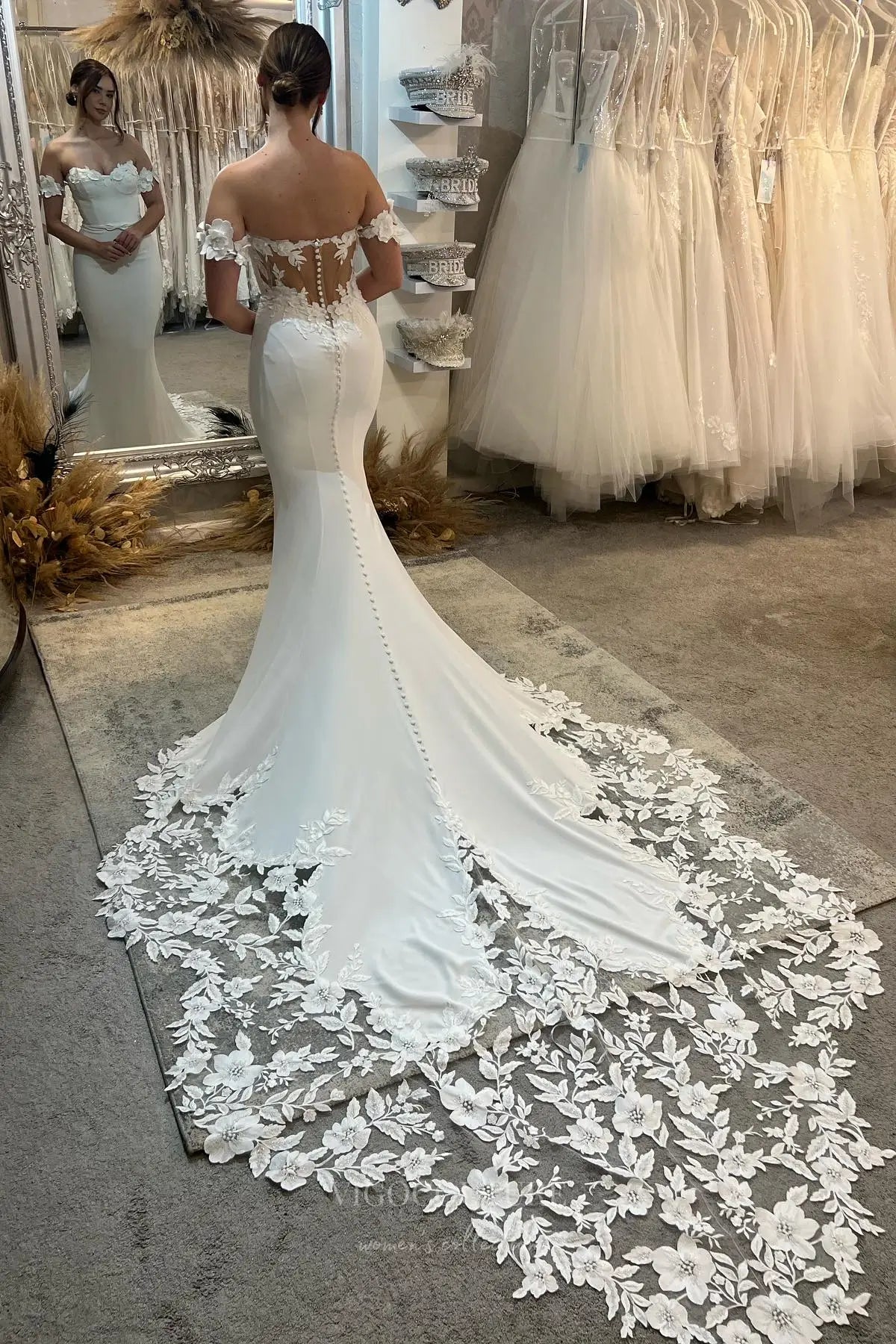 Ivory Crepe Mermaid Wedding Dress with Off-Shoulder Floral Straps, Illusion Corset Back & Lace Chapel Train – W2280