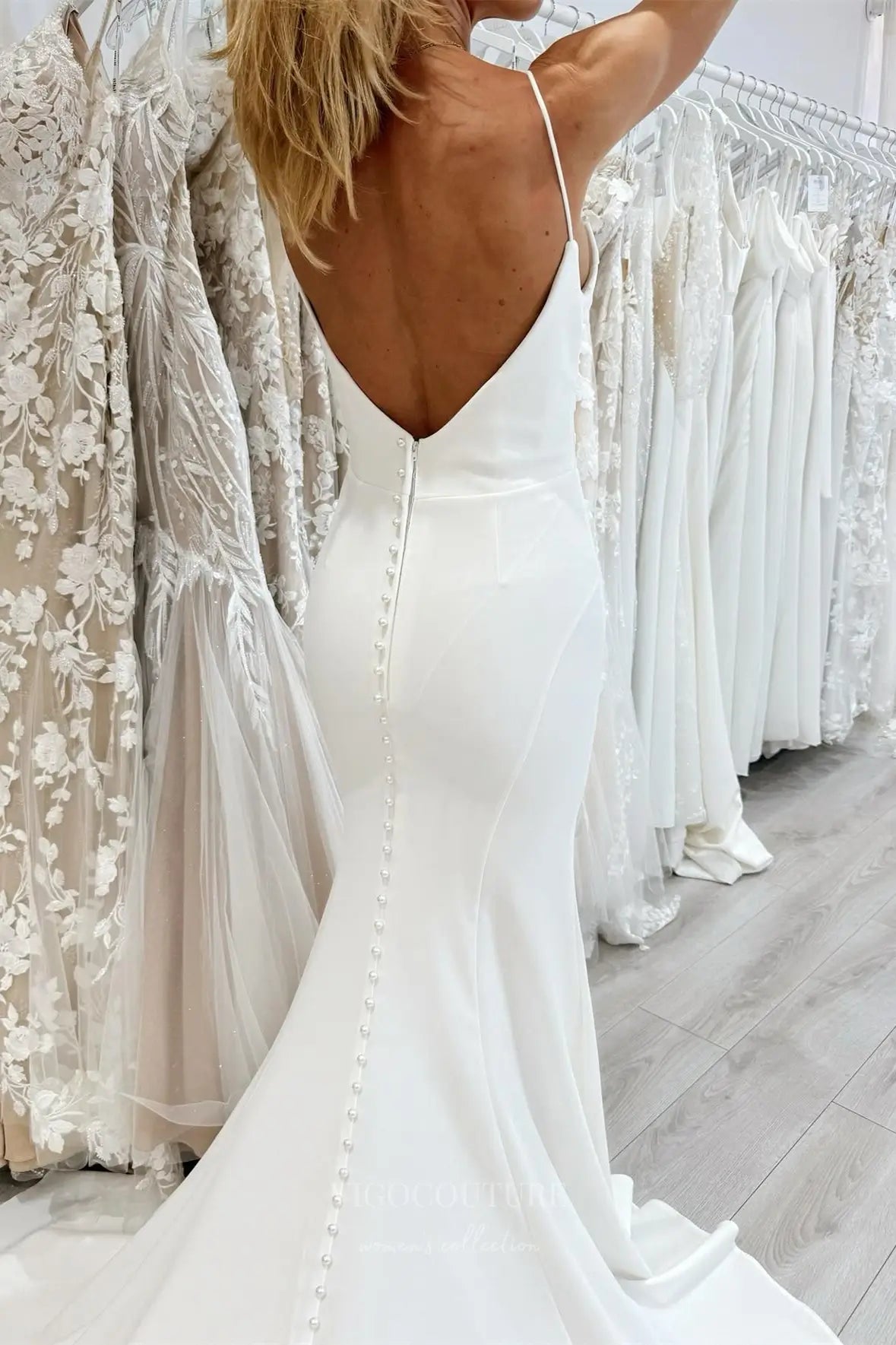 Wedding Dresses 2025 to impress Ivory Crepe Mermaid Wedding Dress with Pearl Beaded Neckline, Spaghetti Straps & Chapel Train – W2308-vigocouture-vigocouture