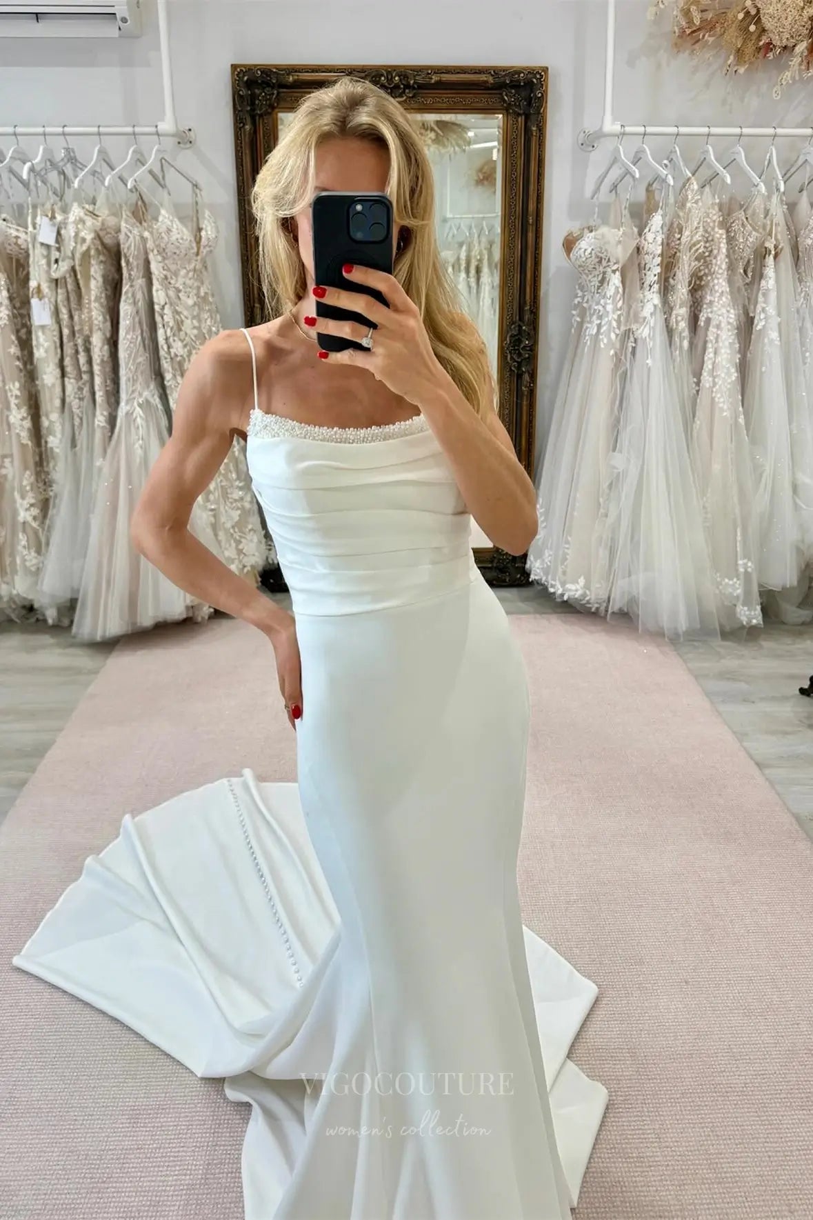 Wedding Dresses 2025 to impress Ivory Crepe Mermaid Wedding Dress with Pearl Beaded Neckline, Spaghetti Straps & Chapel Train – W2308-vigocouture-vigocouture