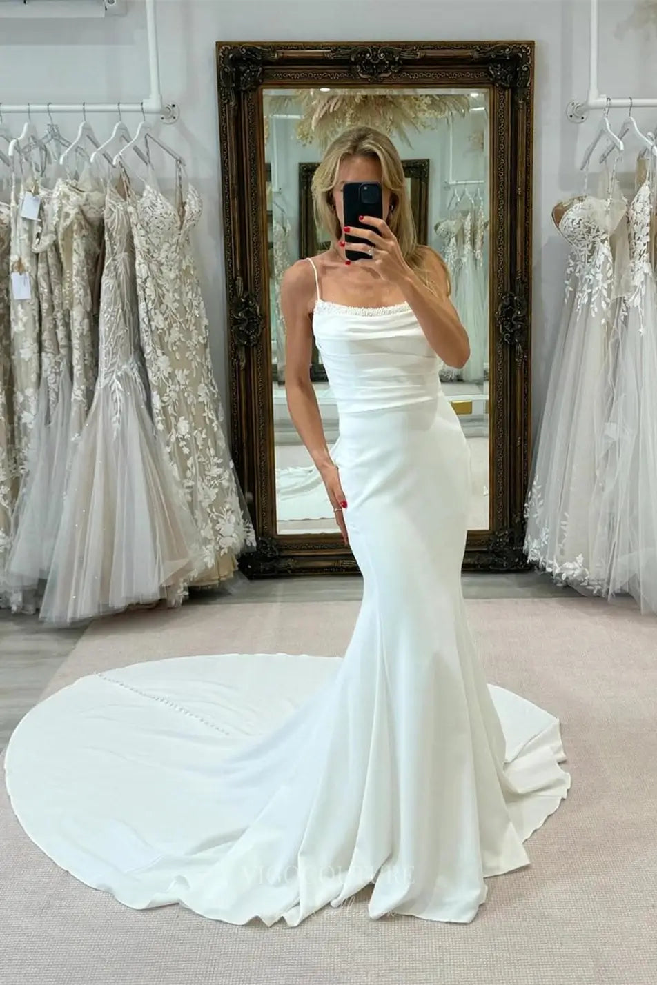 Ivory Crepe Mermaid Wedding Dress with Pearl Beaded Neckline, Spaghetti Straps & Chapel Train – W2308