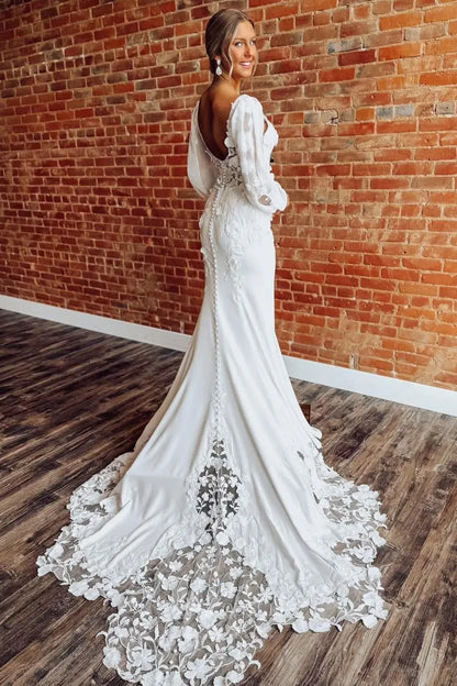 Wedding Dresses 2025 to impress Ivory Crepe Mermaid Wedding Dress with Plunging Neckline, 3D Floral Appliqués, Detachable Long Sleeves & Lace Train – W2286-vigocouture-vigocouture