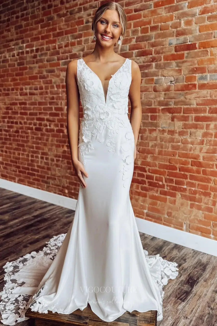 Wedding Dresses 2025 to impress Ivory Crepe Mermaid Wedding Dress with Plunging Neckline, 3D Floral Appliqués, Detachable Long Sleeves & Lace Train – W2286-vigocouture-vigocouture