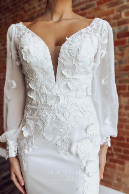 Wedding Dresses 2025 to impress Ivory Crepe Mermaid Wedding Dress with Plunging Neckline, 3D Floral Appliqués, Detachable Long Sleeves & Lace Train – W2286-vigocouture-vigocouture