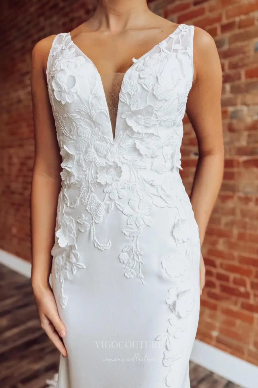 Wedding Dresses 2025 to impress Ivory Crepe Mermaid Wedding Dress with Plunging Neckline, 3D Floral Appliqués, Detachable Long Sleeves & Lace Train – W2286-vigocouture-vigocouture