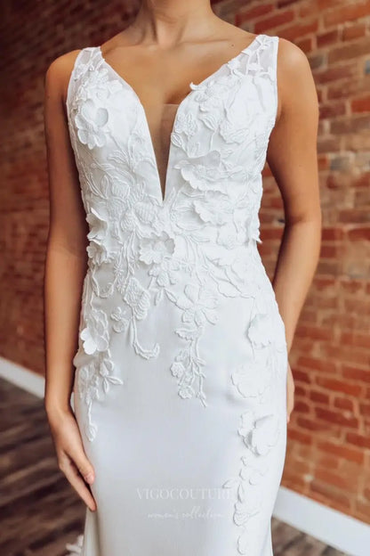 Wedding Dresses 2025 to impress Ivory Crepe Mermaid Wedding Dress with Plunging Neckline, 3D Floral Appliqués, Detachable Long Sleeves & Lace Train – W2286-vigocouture-vigocouture