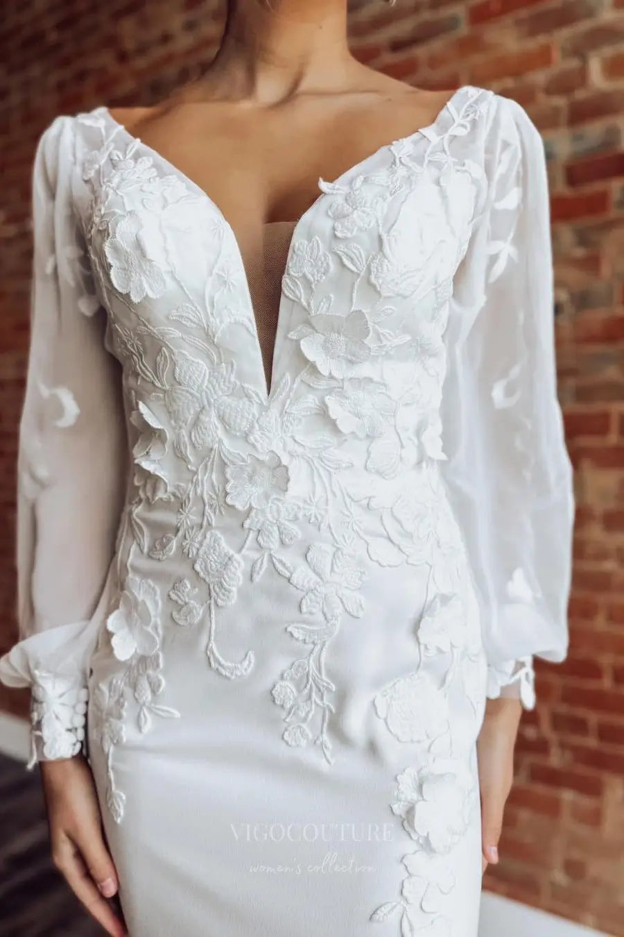 Wedding Dresses 2025 to impress Ivory Crepe Mermaid Wedding Dress with Plunging Neckline, 3D Floral Appliqués, Detachable Long Sleeves & Lace Train – W2286-vigocouture-vigocouture