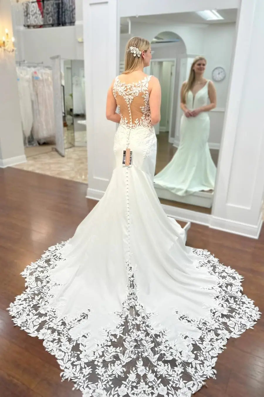 Wedding Dresses 2025 to impress Ivory Crepe Mermaid Wedding Dress with Plunging Neckline, Illusion Lace Back & Chapel Train – W2288-vigocouture-vigocouture