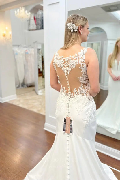 Wedding Dresses 2025 to impress Ivory Crepe Mermaid Wedding Dress with Plunging Neckline, Illusion Lace Back & Chapel Train – W2288-vigocouture-vigocouture