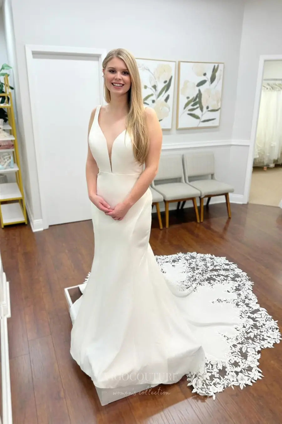 Ivory Crepe Mermaid Wedding Dress with Plunging Neckline, Illusion Lace Back & Chapel Train – W2288