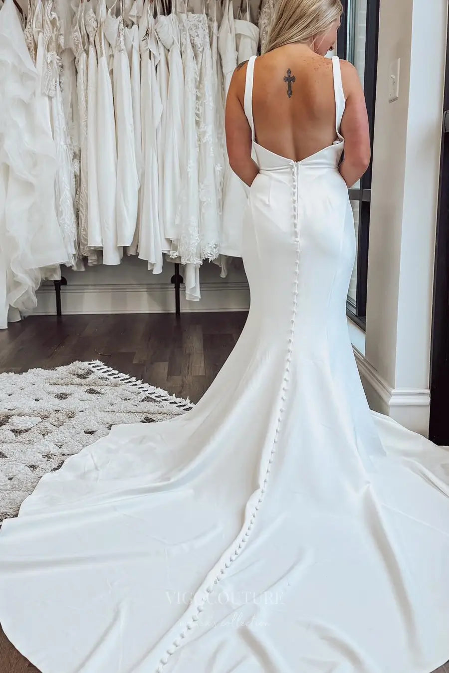 Wedding Dresses 2025 to impress Ivory Crepe Mermaid Wedding Dress with Plunging Neckline, Side Pleats & Chapel Train – W2312-vigocouture-vigocouture