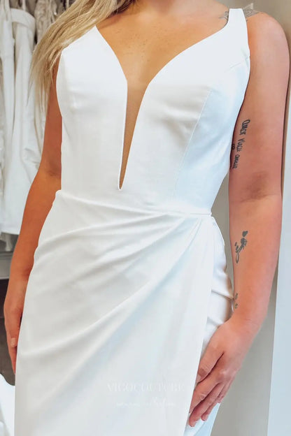 Wedding Dresses 2025 to impress Ivory Crepe Mermaid Wedding Dress with Plunging Neckline, Side Pleats & Chapel Train – W2312-vigocouture-vigocouture