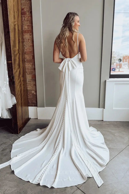 Ivory Crepe Mermaid Wedding Dress with Spaghetti Straps, Back Bow & Chapel Train – W2310