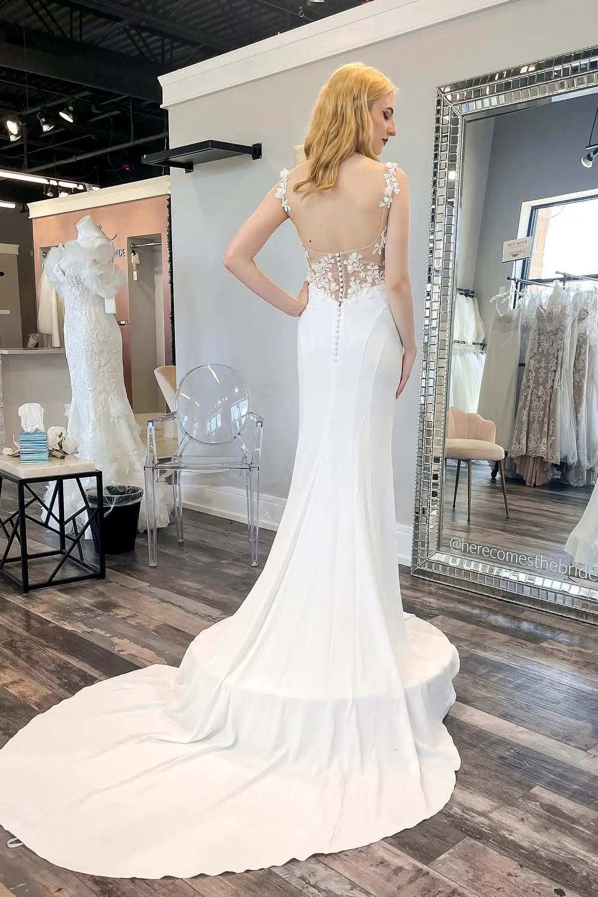 Wedding Dresses 2025 to impress Ivory Crepe Mermaid Wedding Dress with Square Neckline, Illusion Lace Back, and Chapel Train – W2302-vigocouture-vigocouture