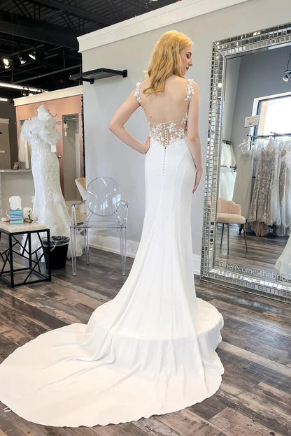 Wedding Dresses 2025 to impress Ivory Crepe Mermaid Wedding Dress with Square Neckline, Illusion Lace Back, and Chapel Train – W2302-vigocouture-vigocouture