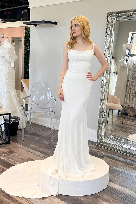 Ivory Crepe Mermaid Wedding Dress with Square Neckline, Illusion Lace Back, and Chapel Train – W2302