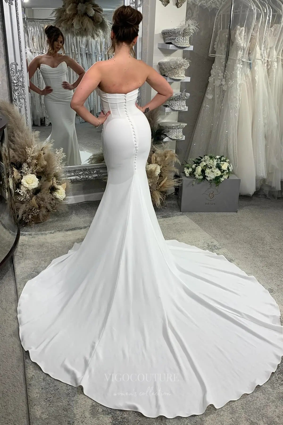 Wedding Dresses 2025 to impress Ivory Crepe Mermaid Wedding Dress with Strapless Sweetheart Neckline, Ruched Bodice & Chapel Train – W2314-vigocouture-vigocouture